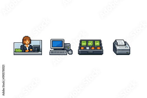 Business and finance icon set. Containing bank, money, computer, printer, employee, cash, transaction, savings and more.