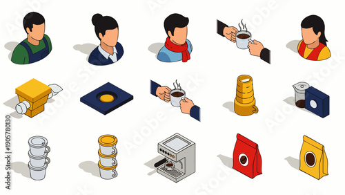Isometric coffee icons: baristas, customers, coffee machine, beans, cups, and takeaway containers for cafe business
