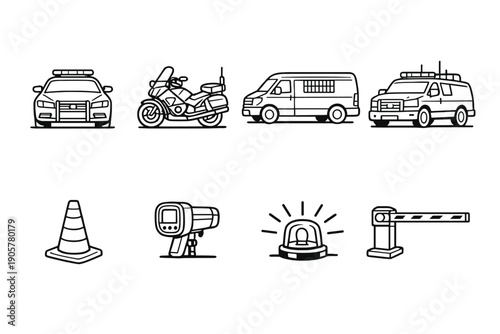 Traffic and Emergency Icons Set: Car, Motorcycle, Van, Police, Ambulance, Cone, Radar, Barrier