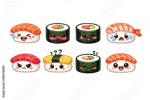 Food and cuisine icon set. Containing sushi, roll, fish, chef, rice, meal, snack, seasoning and more.