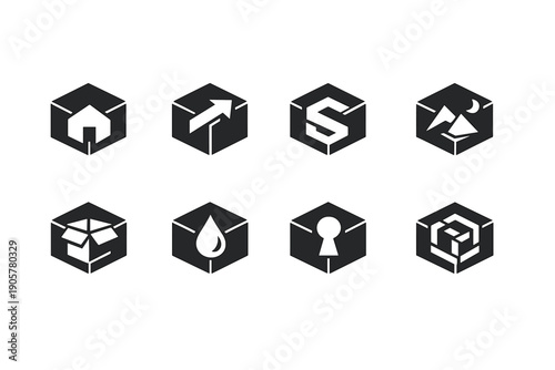 Geometric Icons Set: Home, Arrow, S, Mountain, Box, Water, Keyhole, Cube
