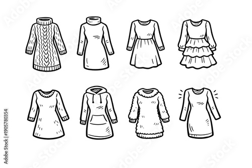 Fashion and Clothing Icon Set. Containing dress, sweater, outfit, style, apparel, garment, textile, chic, trendy, outfit