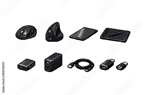 Electronics and accessories icon set. Including mouse, tablet, charger, cable, power bank, and more.