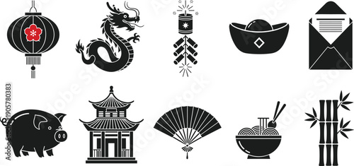 Traditional Chinese New Year Vector Icon Set Featuring Lunar Dragon Lantern Pagoda Bamboo Noodles and Lucky Pig for Cultural Holiday Design