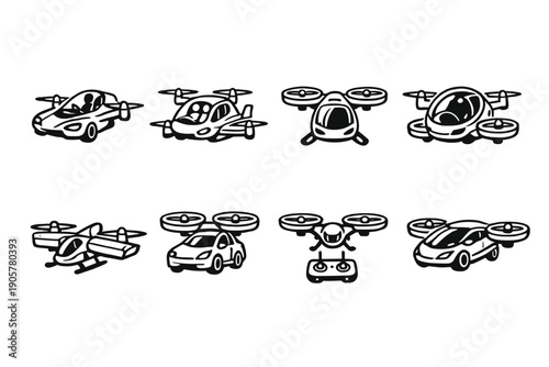 Aerial and automotive icon set. Containing drone, helicopter, car, aircraft, transport, vehicle, flight, aerial and more.
