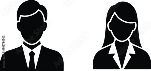 Professional male and female business silhouettes, corporate people icons, gender representation workplace illustration, office staff avatar flat vector design stock