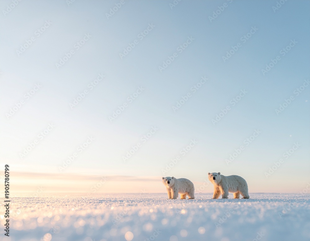 Naklejka premium 美しい柔らかな夕焼けの光に包まれた白熊の人形のミニマル背景 a minimal scene with a polar bear figurine bathed in soft, beautiful sunset light 