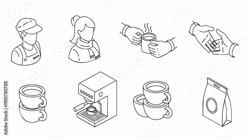Isometric Line Icons Set for Coffee Shop Business: Barista, Customer, Coffee Machine, Cups, and Beans Bag