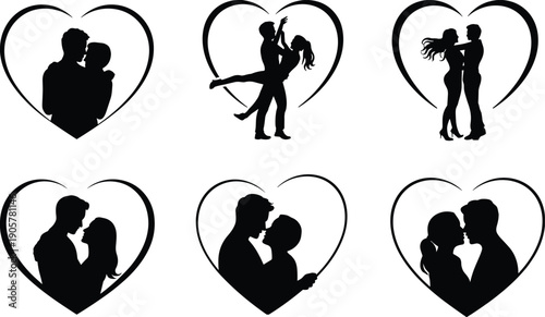 Romantic couples silhouette inside heart shapes, love embrace dance intimacy illustration, Valentine’s Day theme flat vector design for stock