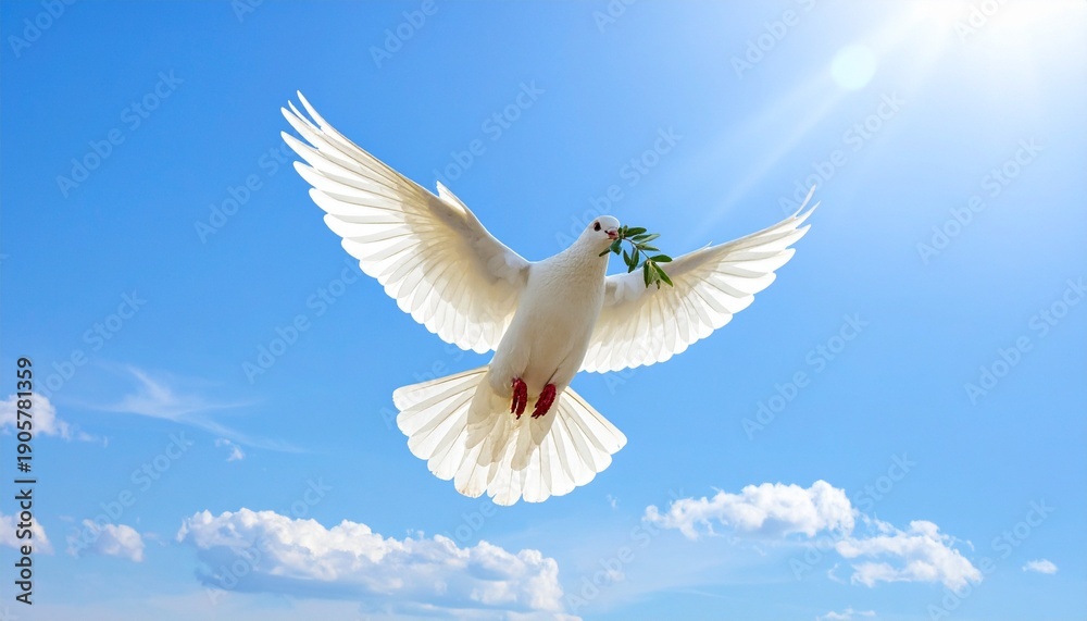 Fototapeta premium White dove with olive branch, glowing sunlight, blue sky background, peace and harmony symbol