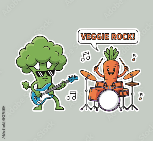Cute broccoli playing bass guitar and carrot on drums cartoon characters performing music on stage, veggie rock band mascot illustration for kids.