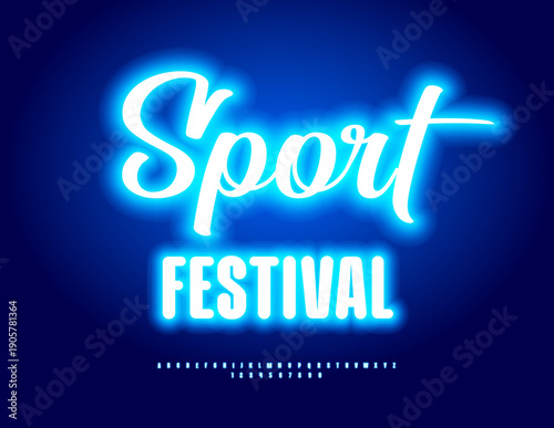 Vector Neon banner Sport Festival. Glowing Blue Font. Led Light Alphabet Letters and Numbers set.