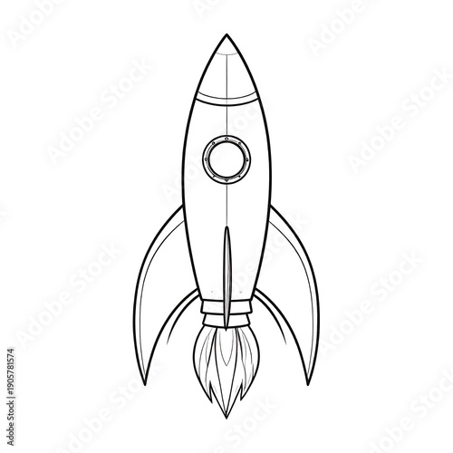 Line art image of a stylized rocket with flames coming from the engine against a white background
