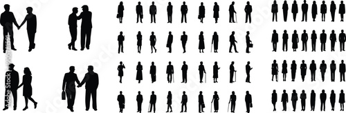Silhouette people pairs standing walking interaction, diverse human relationships social behavior teamwork collaboration illustration concept flat vector design stock
