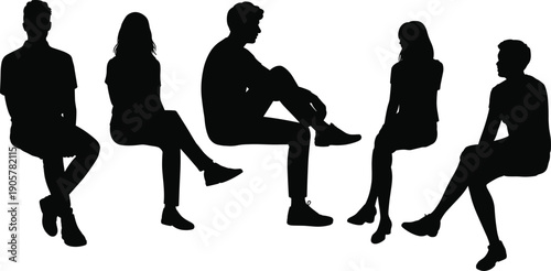 Silhouette people seated different postures casual conversation, human interaction body language social dynamics illustration concept flat vector design stock