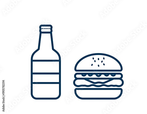 Line art of a beer bottle next to a burger on a white background