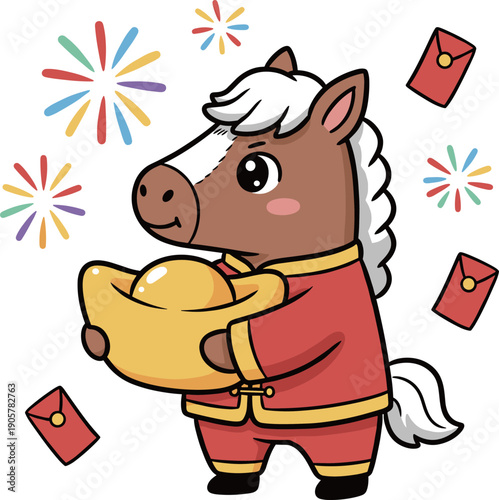 Chinese New Year 2026 Year of the Horse character holding gold ingot with fireworks and red envelopes lucky money for spring festival celebration.
