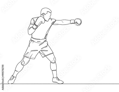 Line art of a boxer in stance, gloves on, punching forward, shorts and shoes. Against white background