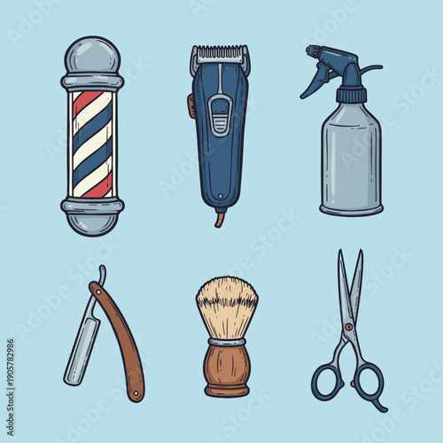 Professional barbershop tools set featuring barber pole, hair clipper, spray bottle, straight razor, shaving brush and scissors in hand drawn style.