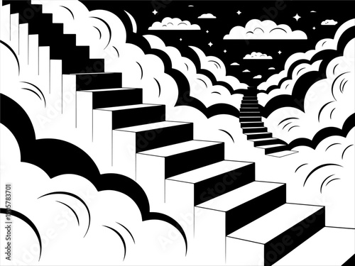 Surreal illustration of twin staircases ascending through clouds and stars, dreamlike atmosphere