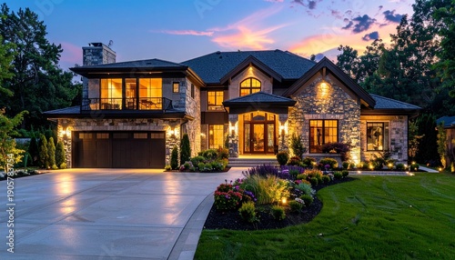 Modern two-story house at twilight symbolizing architectural elegance, luxury living, and landscaped home design