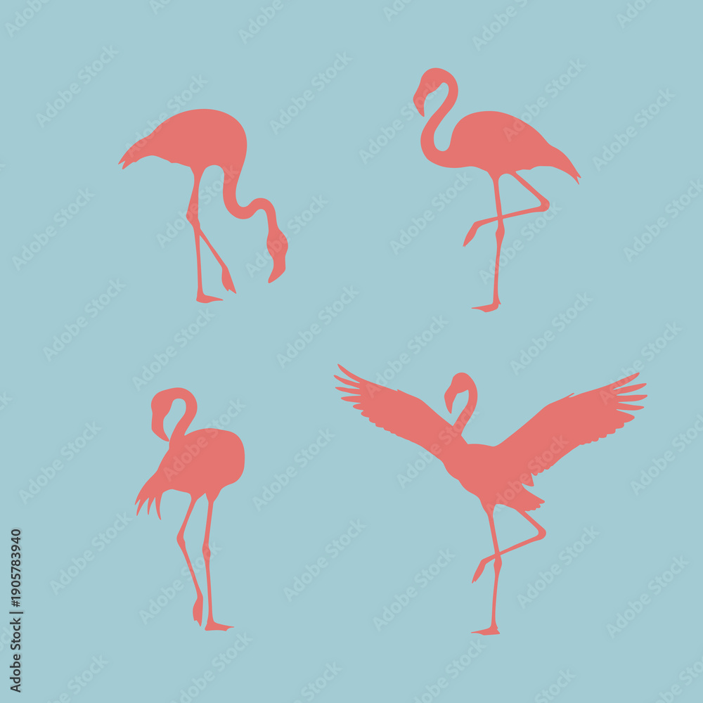 Fototapeta premium Pink Flamingo Silhouette Set in Different Poses Including Standing Walking and Flying Isolated on Light Blue Background for Tropical Summer Decor