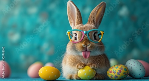 Wallpaper Mural Adorable rabbit with tongue out wearing vibrant rainbow glasses Torontodigital.ca