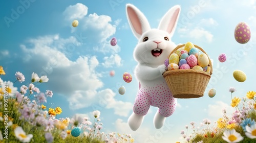 Wallpaper Mural Happy Easter Bunny Jumping with Basket of Colorful Eggs Torontodigital.ca