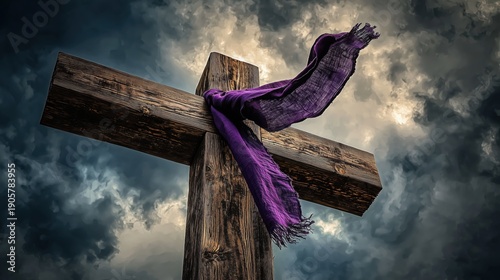 Wallpaper Mural Wooden cross with purple cloth against stormy sky Torontodigital.ca