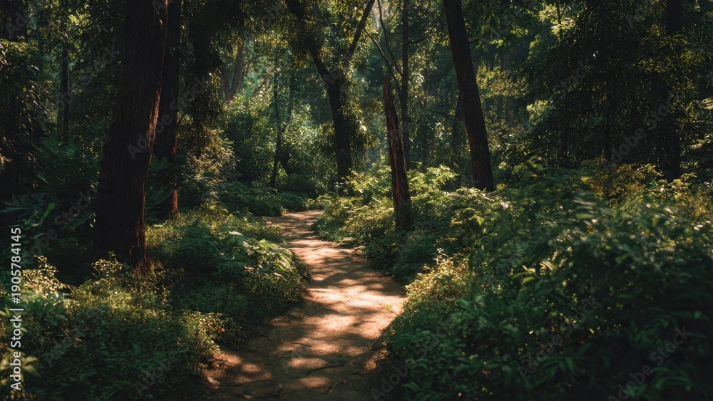Fototapeta premium Sunlit Path Through Lush Green Forest