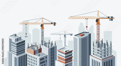 Cityscape Construction HighRise Buildings and Tower Cranes in Development.