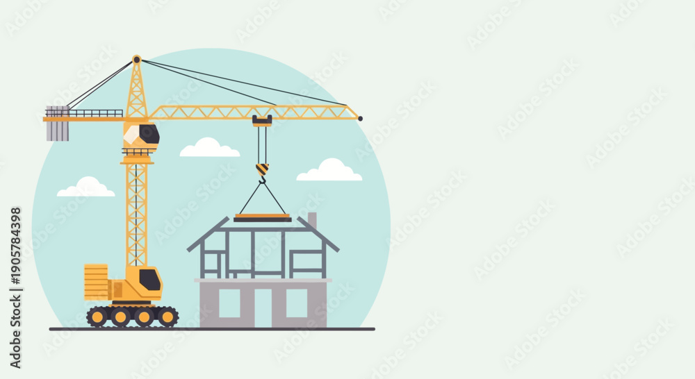 Fototapeta premium Construction Crane Lifting House Frame Building a New Home.