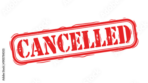 Cancelled Rubber Stamp: A bold, red CANCELLED stamp with a worn texture, signifying a decisive halt to a process or event, perfect for conveying clear communication and stopping further action.