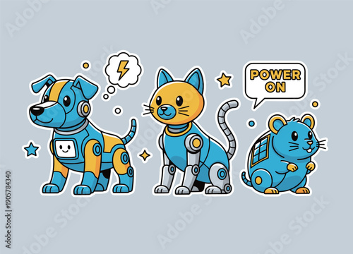 Cybernetic Robot Pet Characters Set Featuring Futuristic Mechanical Dog Cat and Mouse with Solar Panels and Power On Speech Bubble Icon