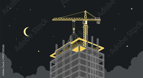 Construction Crane Building a Skyscraper at Night Under the Moon.