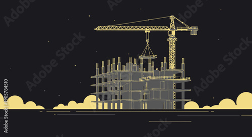 Construction Site at Night Crane Lifting Building Structure Under the Stars.