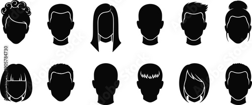 Male and female avatar head silhouettes set with different hairstyles, user profile icons, anonymous people faces isolated white background