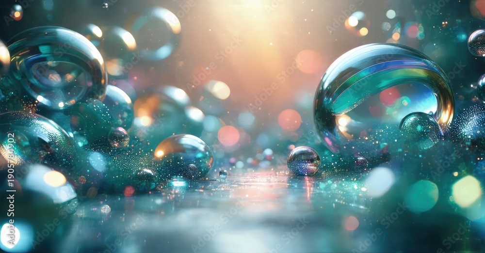 Fototapeta premium Abstract bubbles float, creating luminous tunnel. Soft light radiates, forming dreamy, ethereal scene. Reflections shimmer, adding depth.