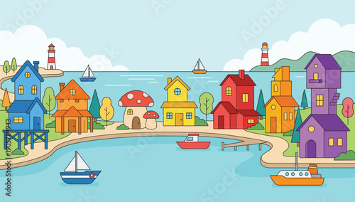 Colorful Seaside Village with Whimsical Houses and Boats Vector Scene