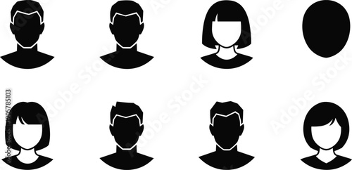Male and female avatar silhouettes set, user profile icons, anonymous people faces, minimal design, social media account symbols isolated white background