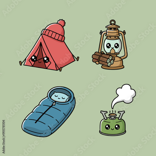 Cute kawaii style camping equipment set with tent lantern sleeping bag and stove characters with funny faces and big eyes on green background