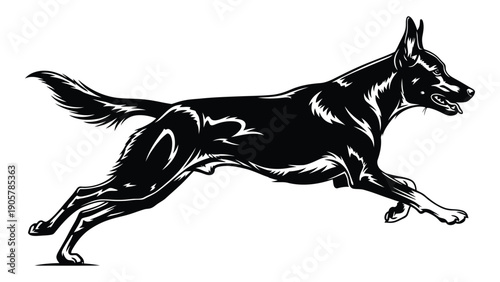 A black and white illustration of a dog running with its tail wagging Vector