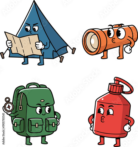 Collection of funny cartoon outdoor camping gear characters with faces including tent flashlight backpack and gas can in retro rubber hose style