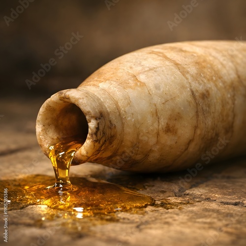 An alabaster vessel lies on the floor, oil is flowing out of it.