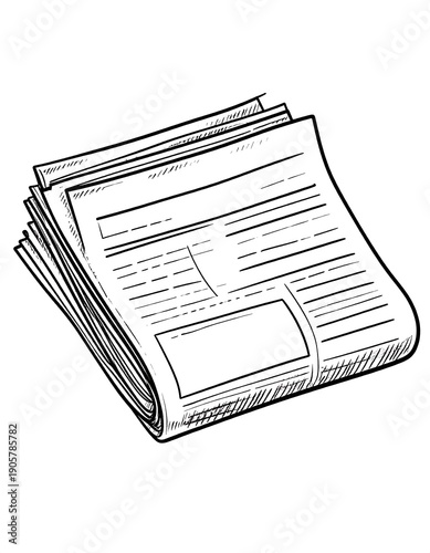 Line art of a newspaper stack. Outlined image of folded papers with headlines and articles. Black lines, white fill