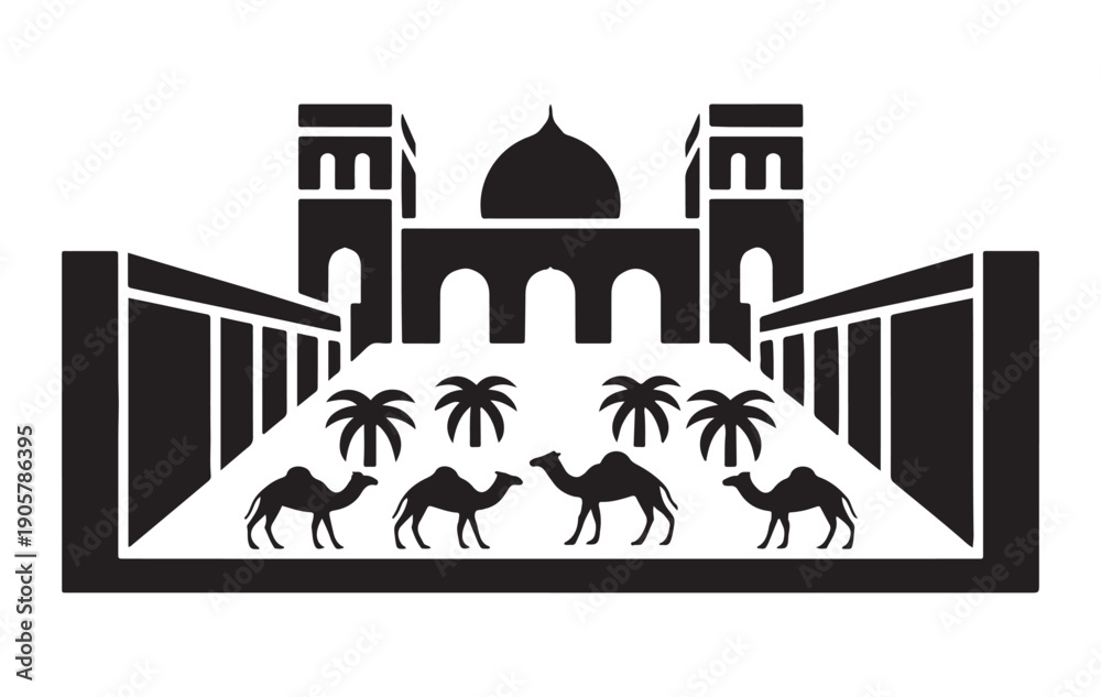 Naklejka premium Camels walking towards mosque in desert landscape illustration