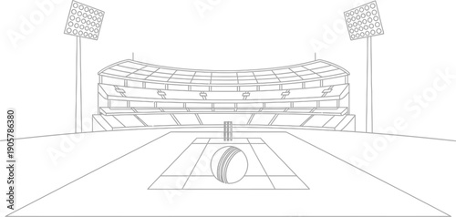 Black and white line art illustration depicts a grand cricket stadium setup featuring a pitch with stumps and a leather ball ready for competition under bright floodlights.