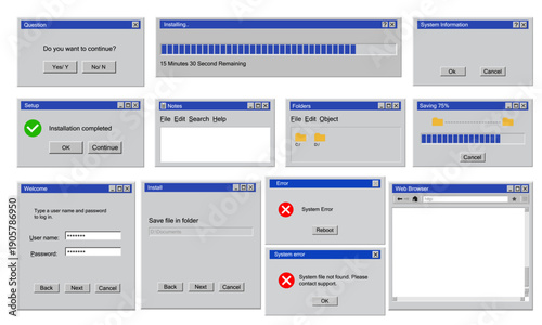 Retro 90s Style UI Elements Pack | Vintage Dialog Boxes & Setup Screens