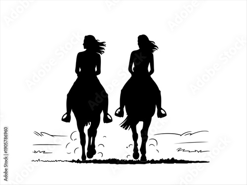 Silhouette of two women riding horses side by side, viewed from behind, hair flowing, dust kicked up