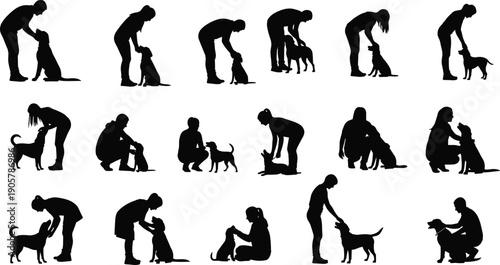 People and dog silhouettes set showing human pet interaction, training, care, friendship moments, animal love concept isolated white background